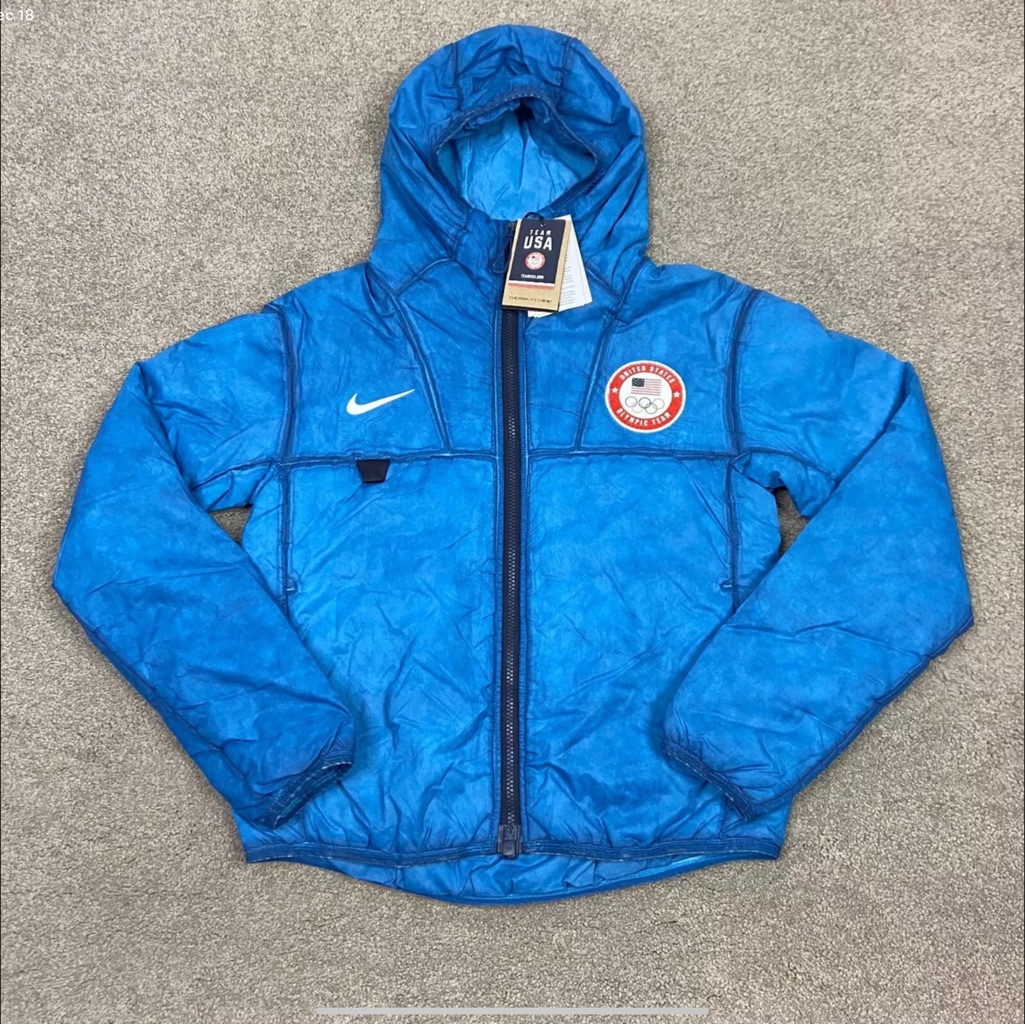 Nike Blue Puffer Jacket With Hood And Full-Length Zipper